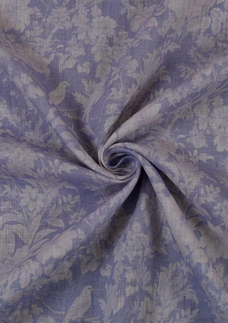 Light Blue Printed Linen Crop Top And Skirt Set