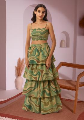 Green Printed Cotton Linen Crop Top And Skirt Set