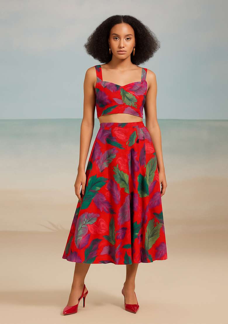 Multicolor Linen Crop Top And Cotton Skirt Set with Printed for Diwali | Wedding & Festive Wear - Indya