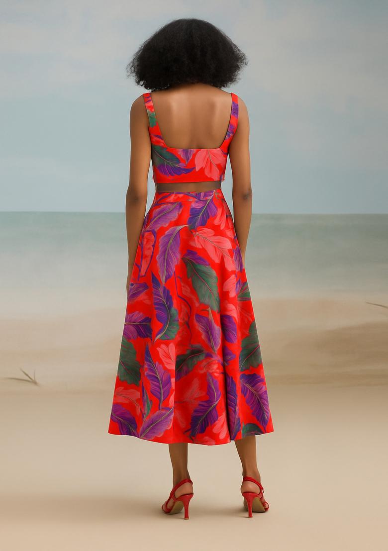 Multicolor Printed Cotton Linen Crop Top And Skirt Set - Indya