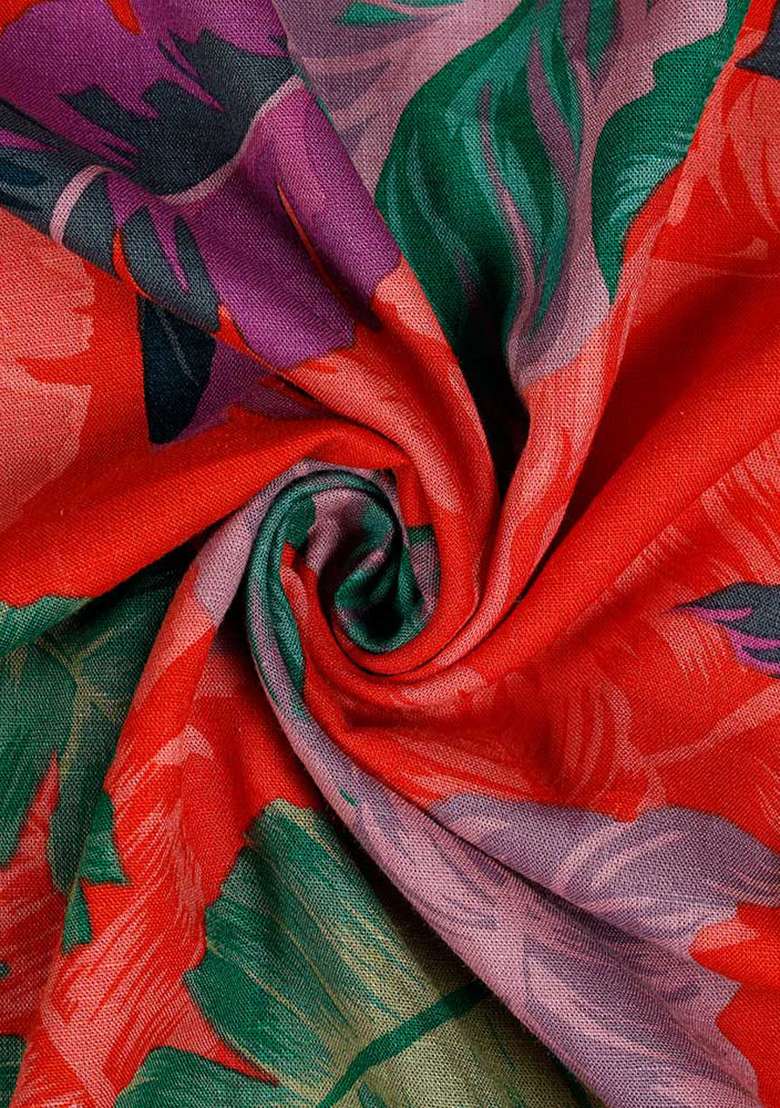 Multicolor Linen Crop Top And Cotton Skirt Set with Printed for Diwali | Wedding & Festive Wear - Indya