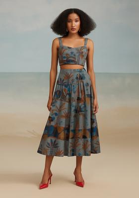Sky Blue Printed Cotton Linen Crop Top And Skirt Set