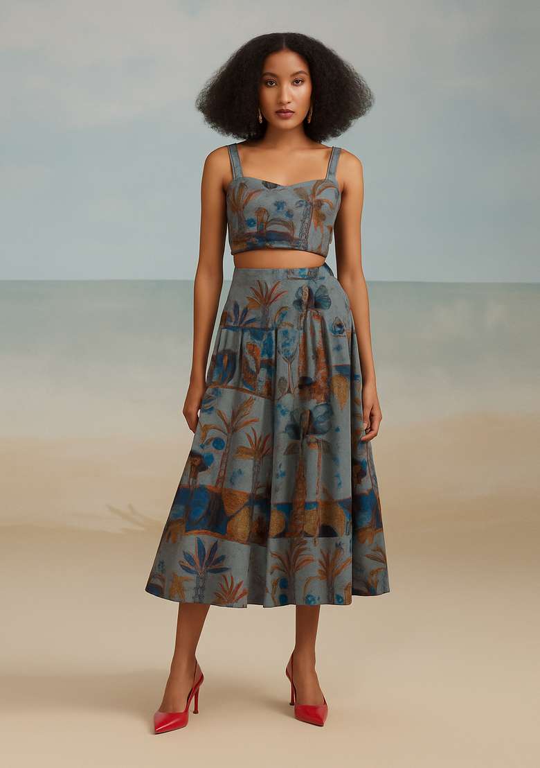Sky Blue Printed Cotton Linen Crop Top And Skirt Set - Indya