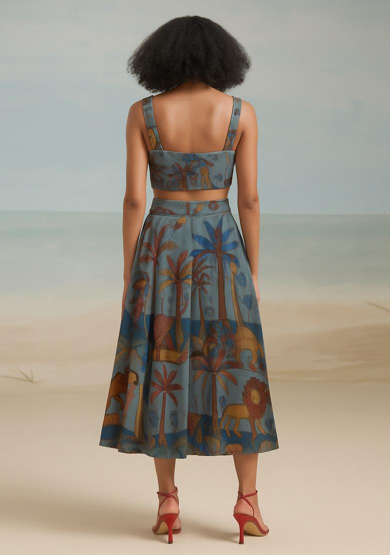 Sky Blue Printed Cotton Linen Crop Top And Skirt Set - Indya