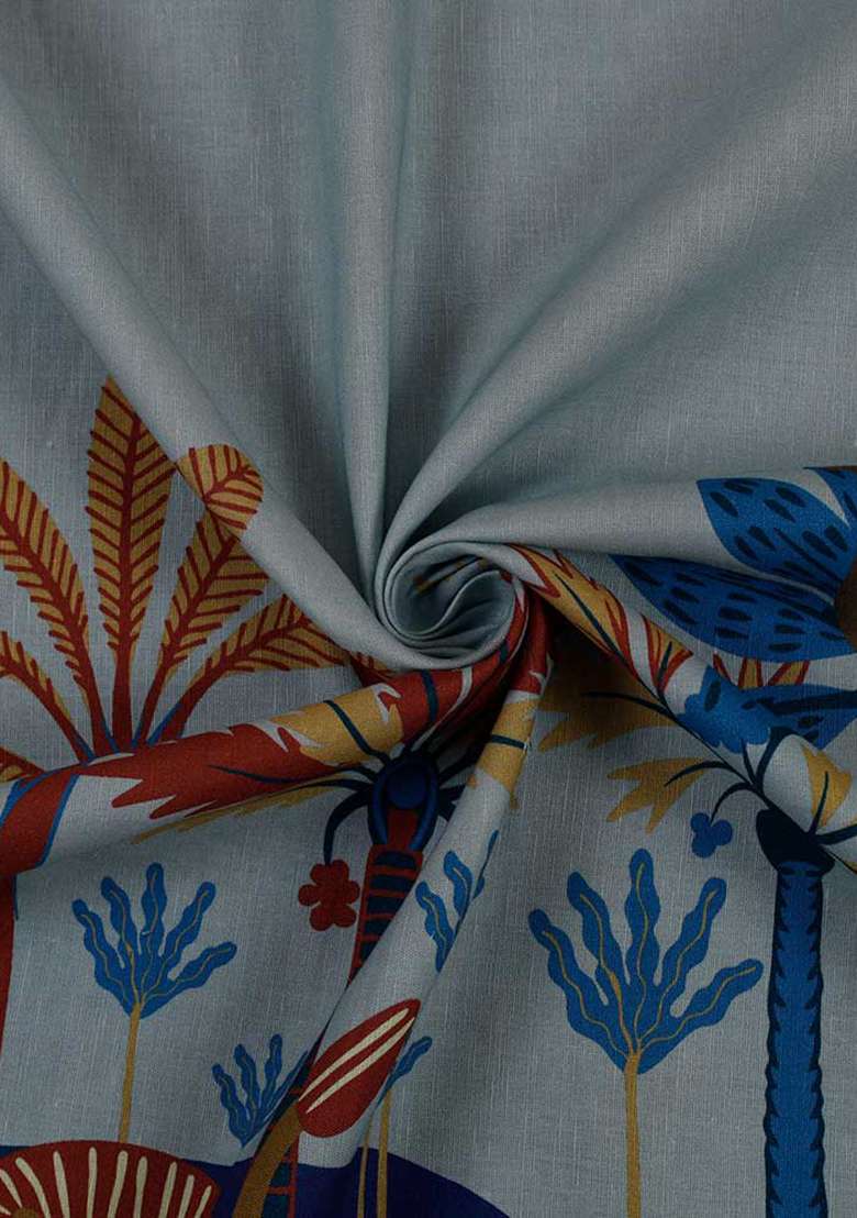 Sky Blue Printed Cotton Linen Crop Top And Skirt Set - Indya