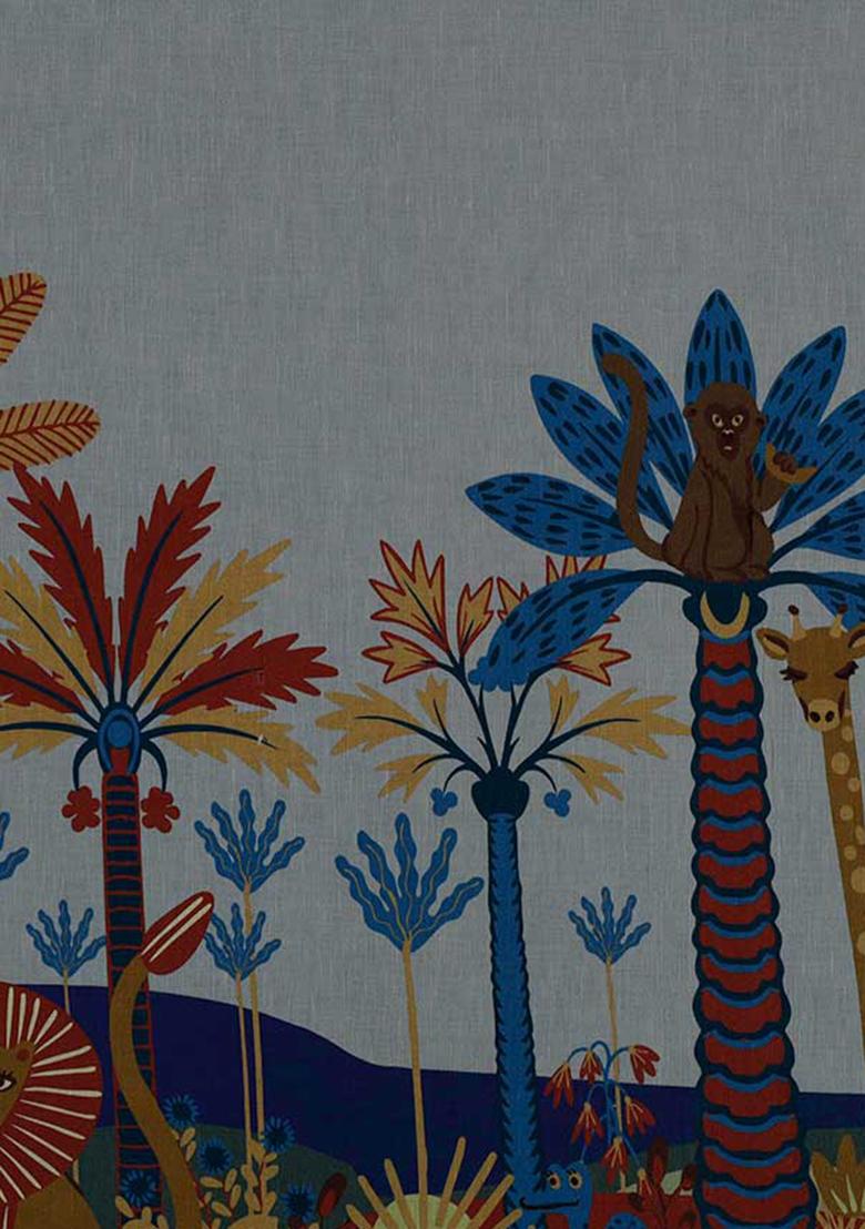 Sky Blue Printed Cotton Linen Crop Top And Skirt Set - Indya