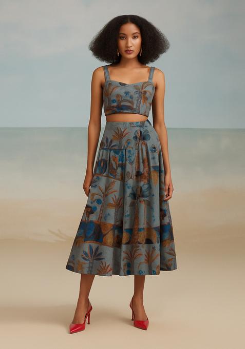 Sky Blue Printed Cotton Linen Crop Top And Skirt Set