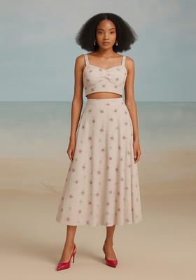 White Printed Cotton Linen Crop Top And Skirt Set