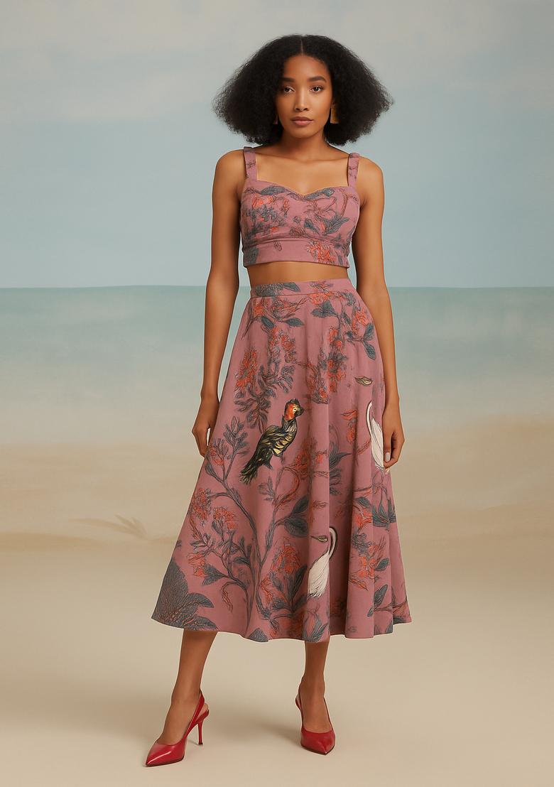 Pink Printed Cotton Linen Crop Top And Skirt Set