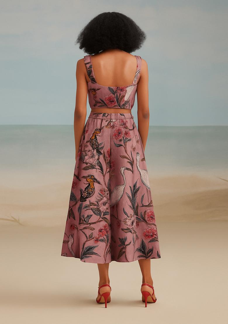 Pink Printed Cotton Linen Crop Top And Skirt Set