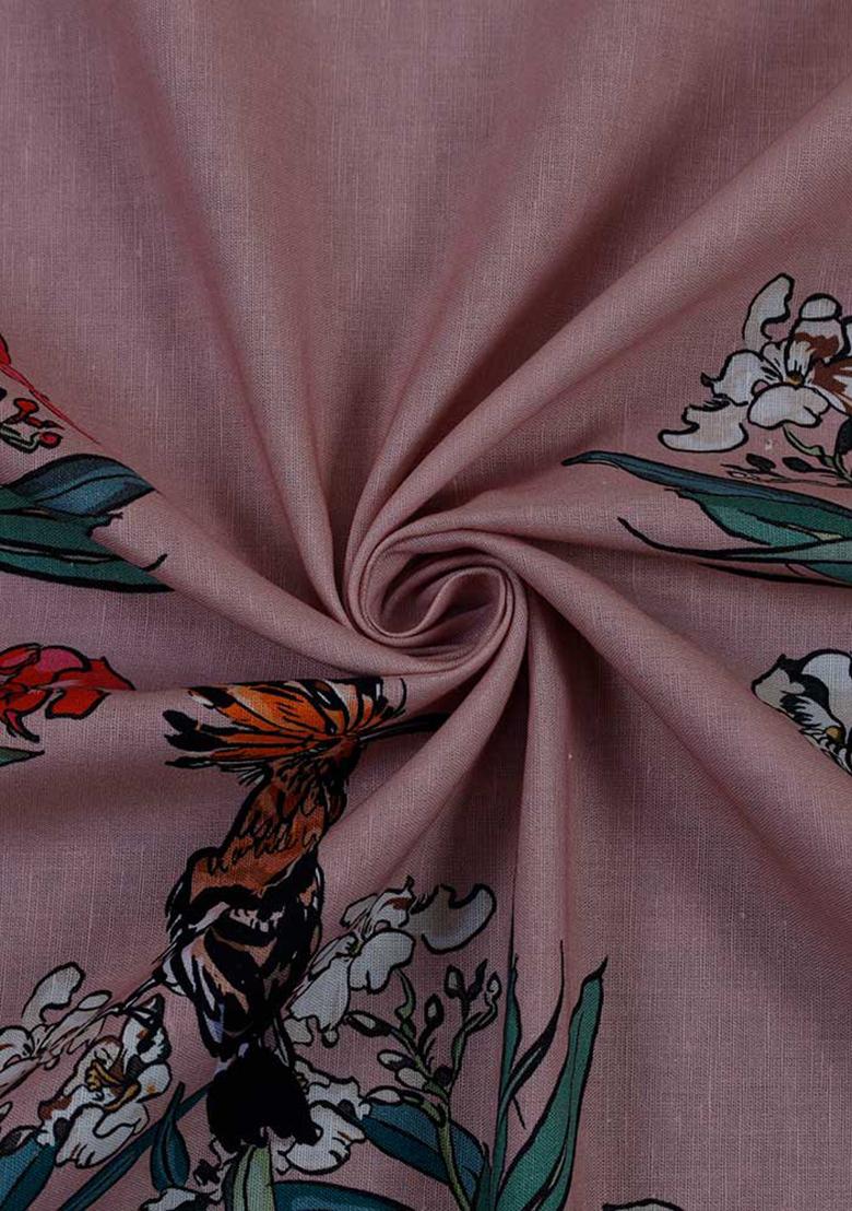 Pink Printed Cotton Linen Crop Top And Skirt Set