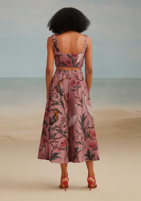 Pink Printed Cotton Linen Crop Top And Skirt Set