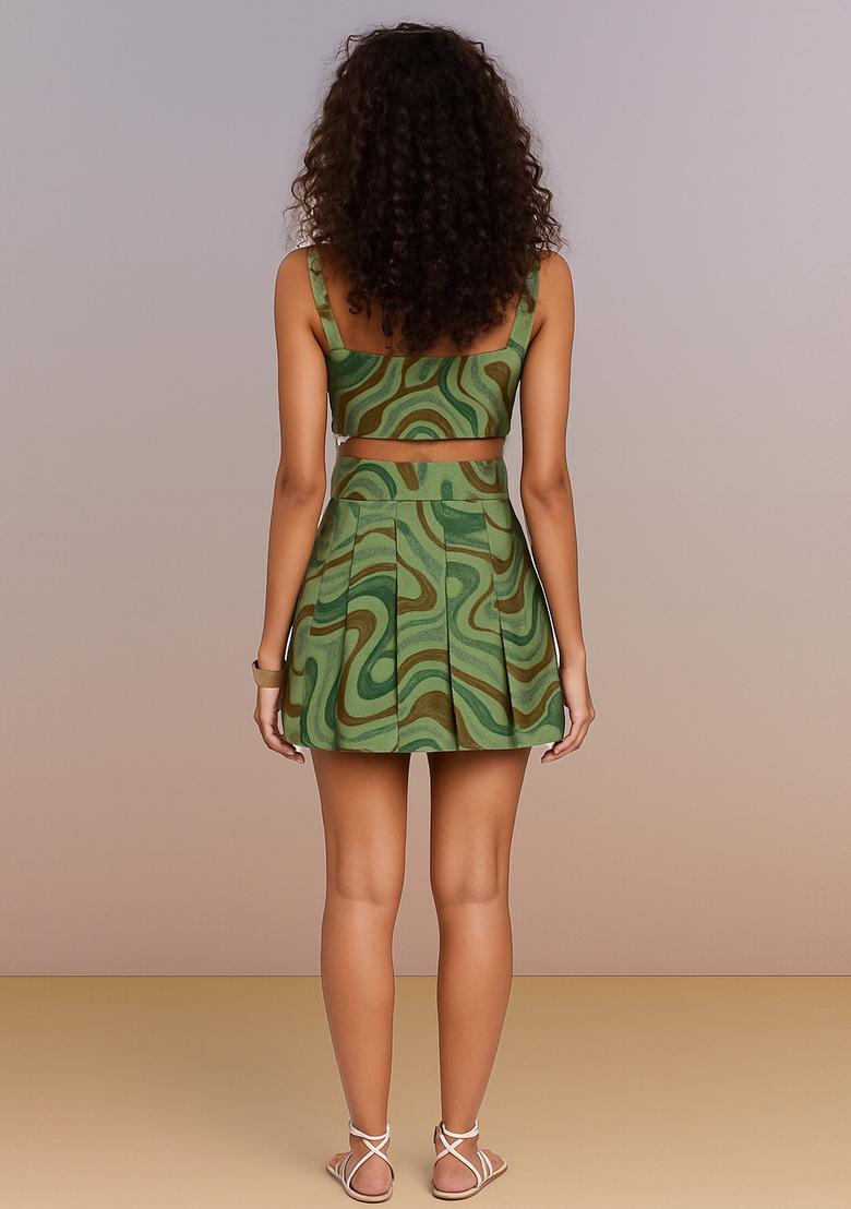 Green Printed Cotton Linen Skirt Set - Indya