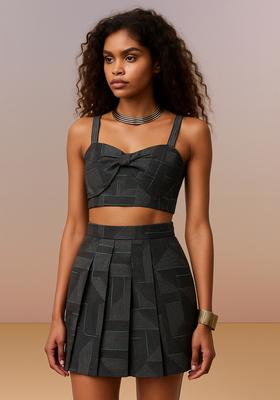 Grey Printed Cotton Linen Skirt Set