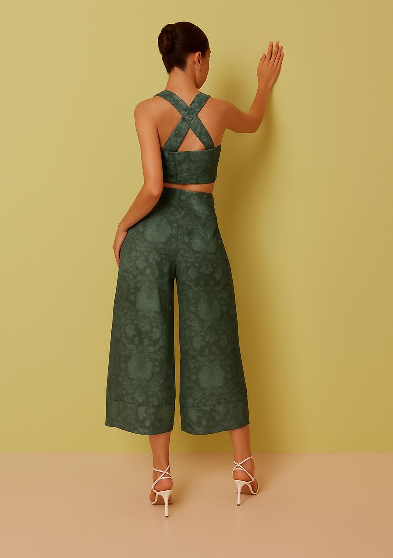Green Embroidered Linen Co-Ord Set - Indya