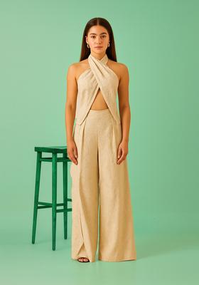 Beige Embroidered Jacquard Co-Ord Set