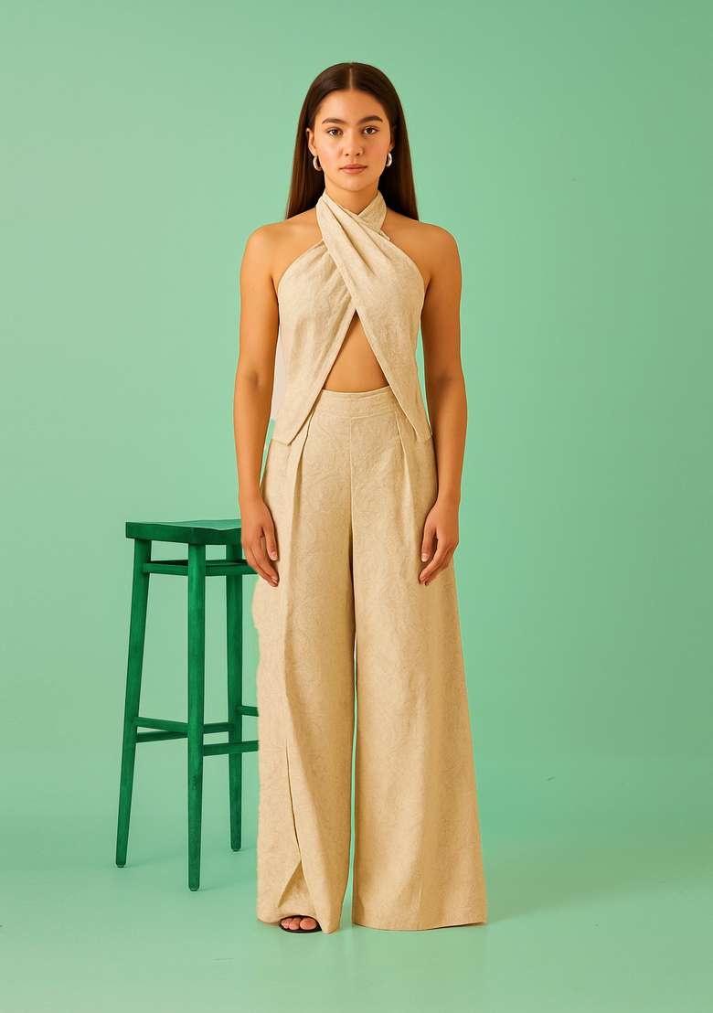 Beige Embroidered Jacquard Co-Ord Set - Indya