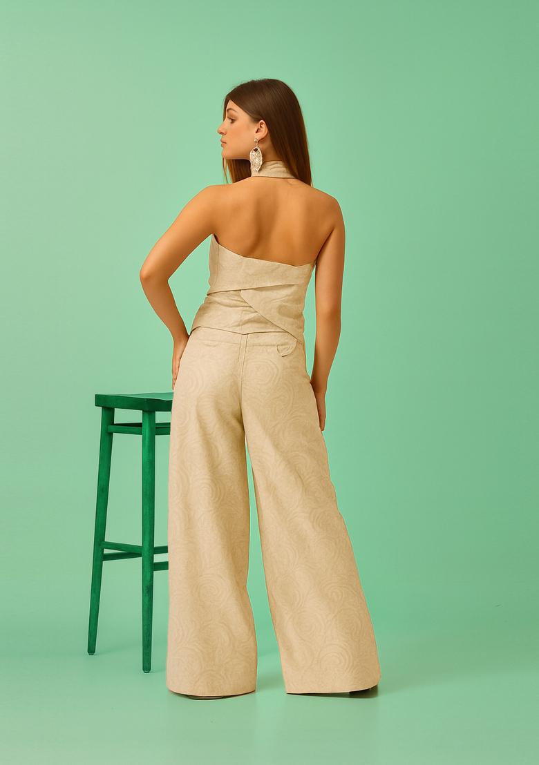 Beige Embroidered Jacquard Co-Ord Set - Indya