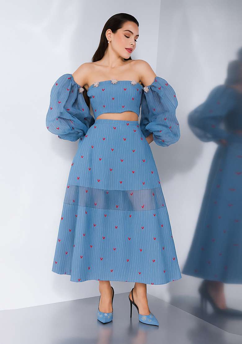 Blue Cotton Co-Ord Set with Printed & Corset Blouse for Diwali | Wedding & Festive Wear - Indya