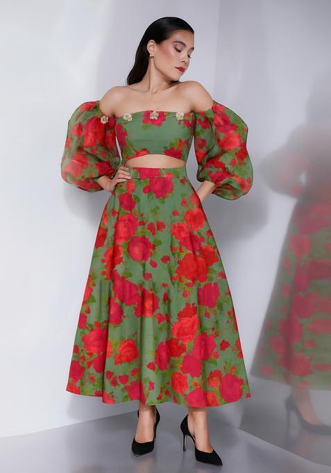 Green And Pink Printed Cotton Co-Ord Set