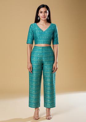 Blue Embroidered Brocade Co-Ord Set