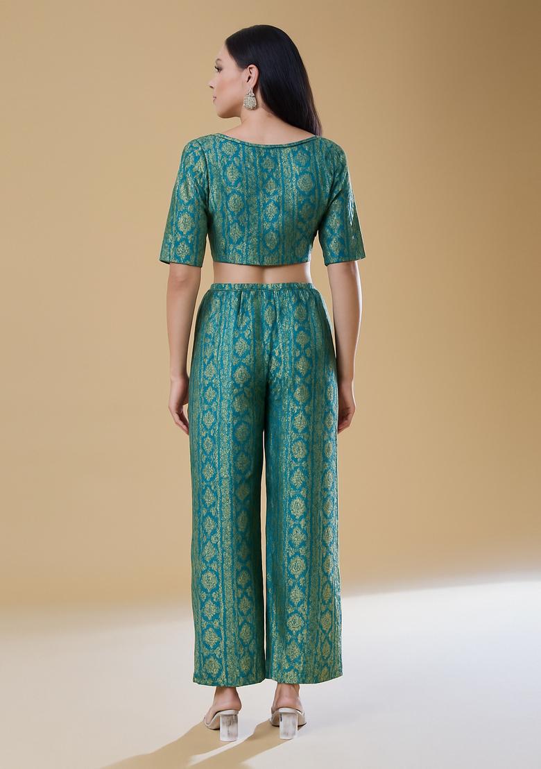 Blue Embroidered Brocade Co-Ord Set - Indya