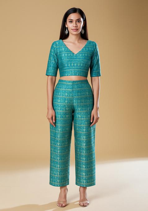 Blue Embroidered Brocade Co-Ord Set