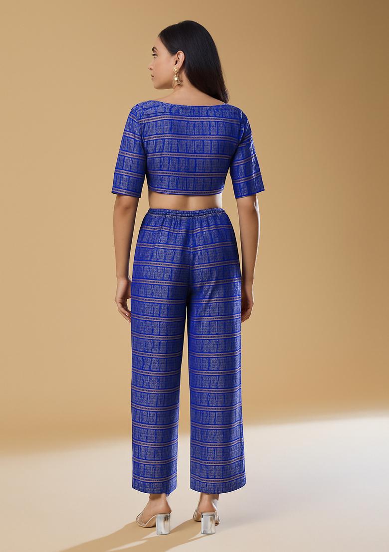Royal Blue Embroidered Brocade Co-Ord Set - Indya