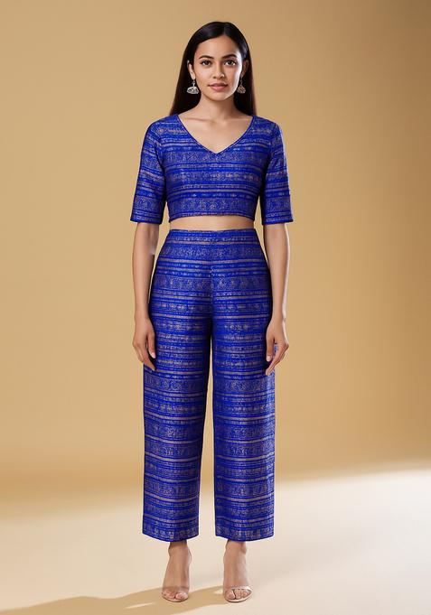 Royal Blue Embroidered Brocade Co-Ord Set