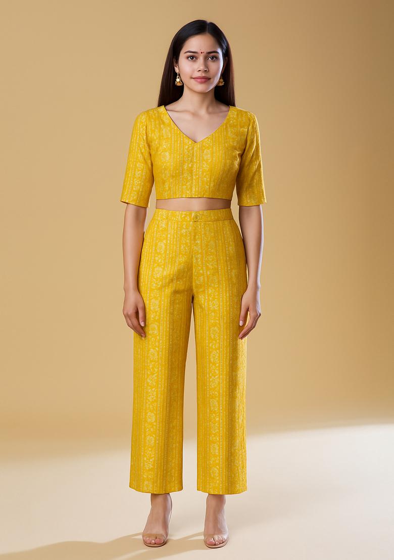 Yellow Embroidered Brocade Co-Ord Set - Indya