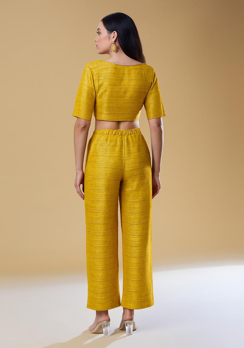 Yellow Embroidered Brocade Co-Ord Set - Indya