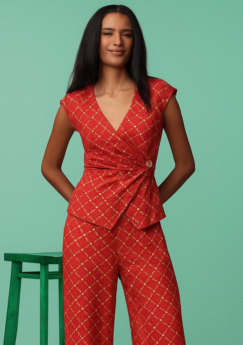 Red Embroidered Brocade Co-Ord Set - Indya