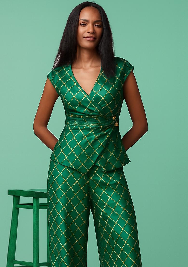 Green Embroidered Brocade Co-Ord Set - Indya