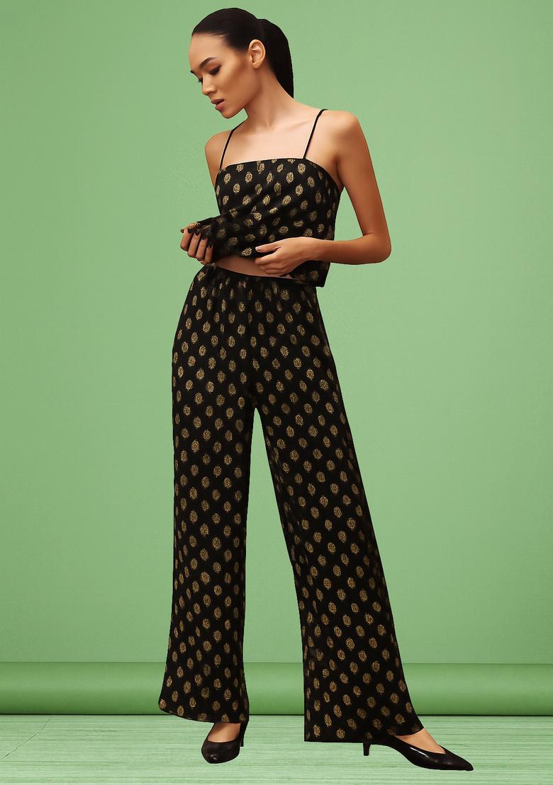 Black Embroidered Brocade Co-Ord Set - Indya