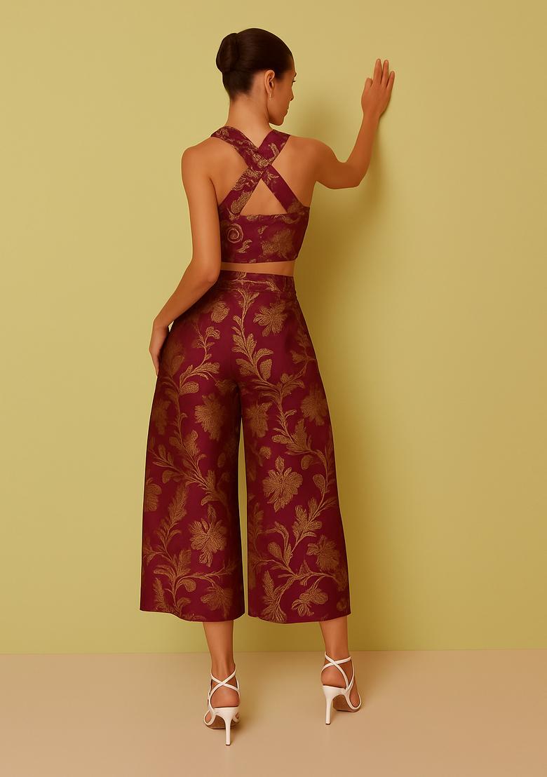 Wine Embroidered Brocade Co-Ord Set - Indya
