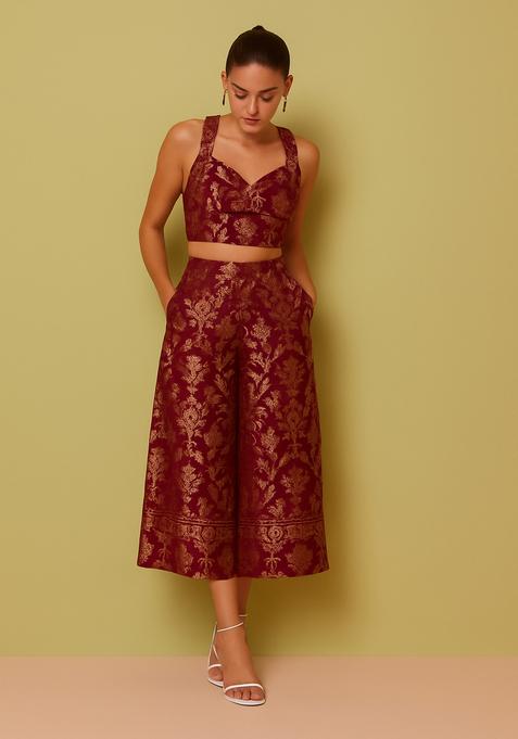 Wine Embroidered Brocade Co-Ord Set