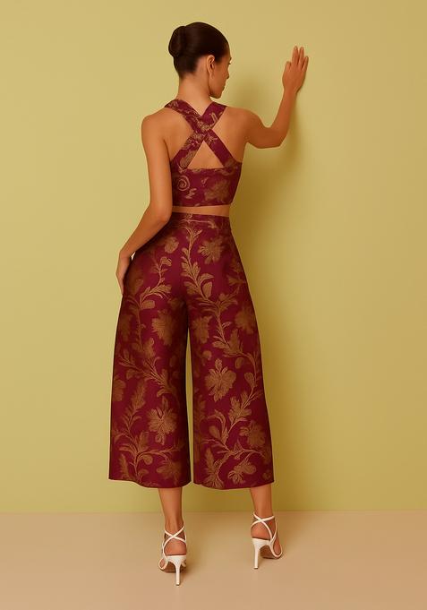 Wine Embroidered Brocade Co-Ord Set