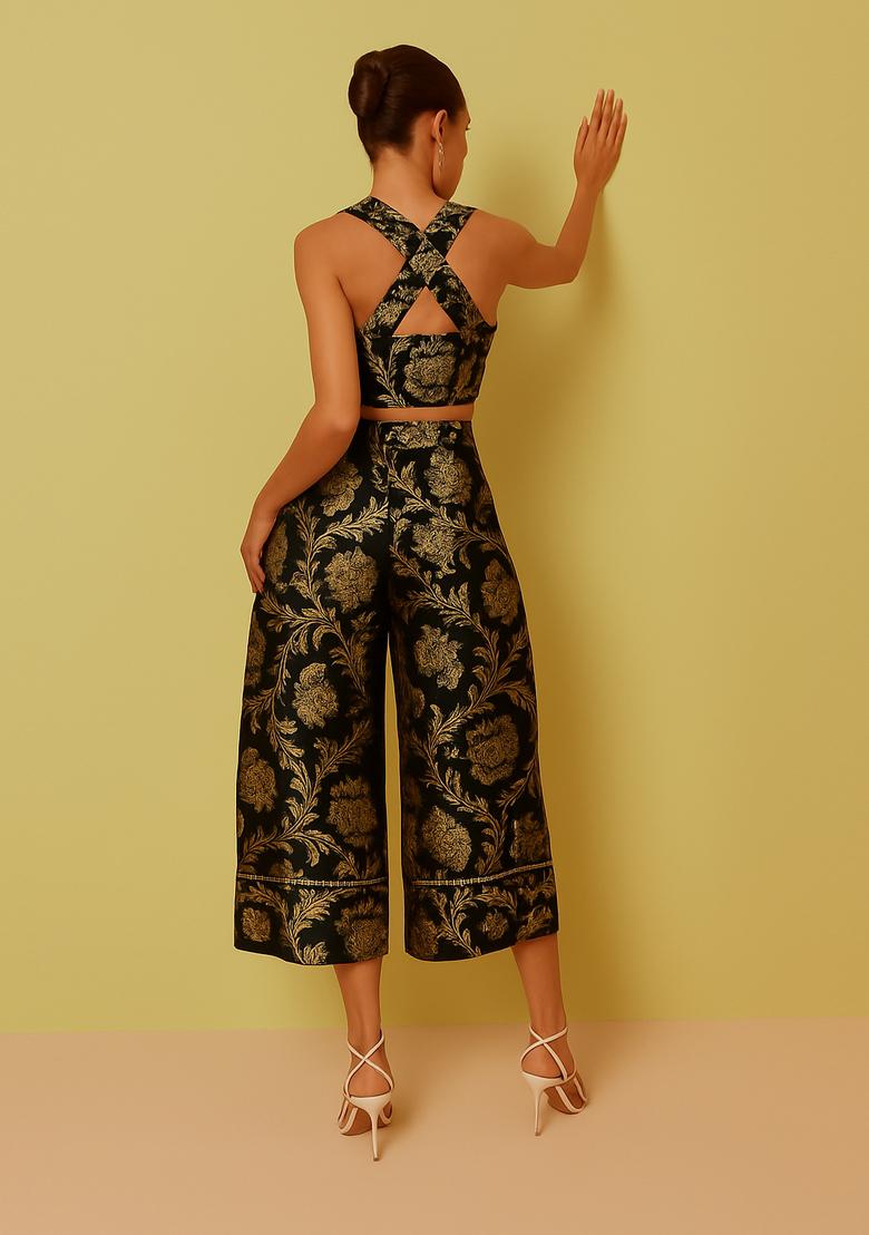 Black Embroidered Brocade Co-Ord Set - Indya