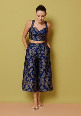 Navy Blue Embroidered Brocade Co-Ord Set