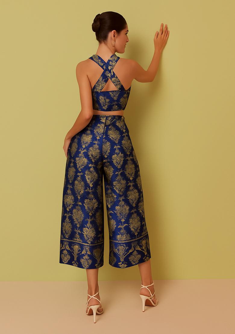 Navy Blue Embroidered Brocade Co-Ord Set - Indya
