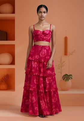 Pink Cambric Floral Printed Crop Top And Skirt Set