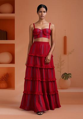 Red Cotton Stripe Printed Crop Top And Skirt Set