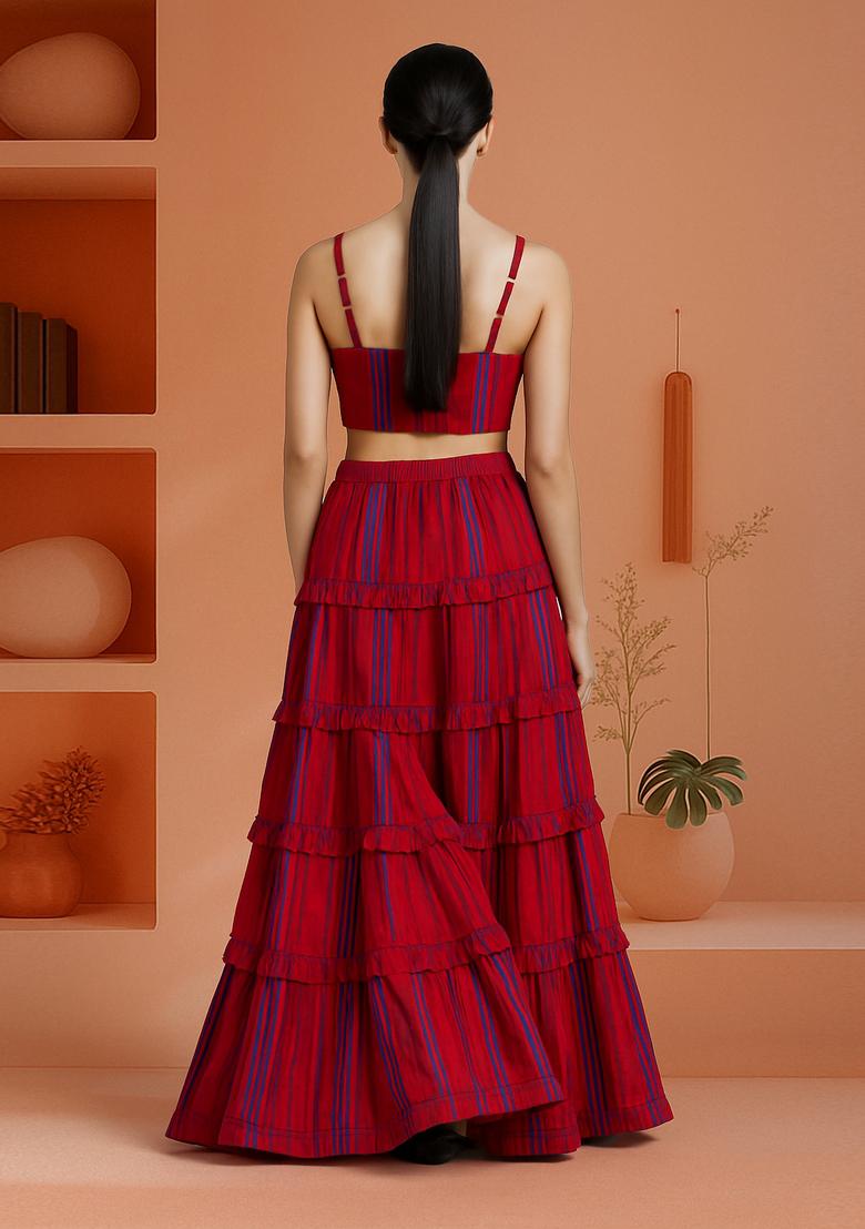 Red Cotton Stripe Printed Crop Top And Skirt Set