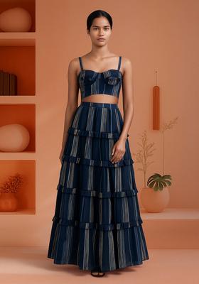 Blue Cotton Stripe Printed Crop Top And Skirt Set