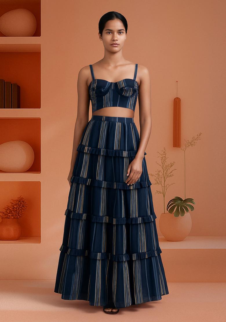 Blue Cotton Stripe Printed Crop Top And Skirt Set
