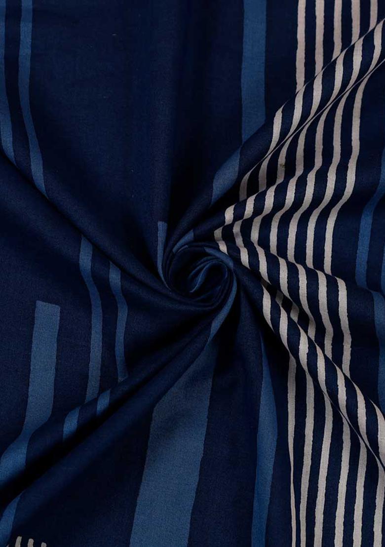 Blue Cotton Stripe Printed Crop Top And Skirt Set