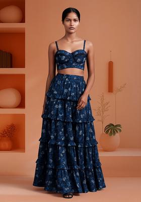 Blue Poplin Floral Printed Crop Top And Skirt Set