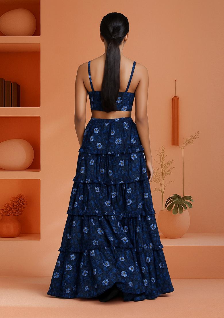 Blue Poplin Floral Printed Crop Top And Skirt Set - Indya