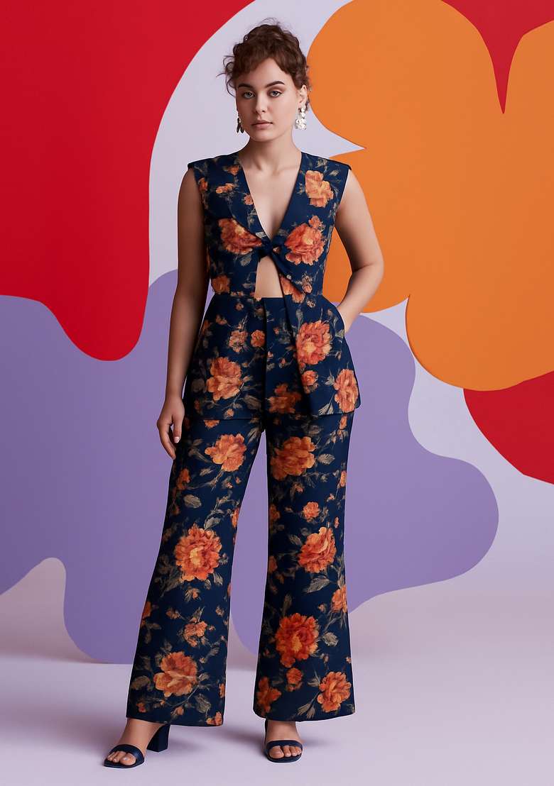 Blue Cotton Satin Floral Printed Co-Ord Set - Indya