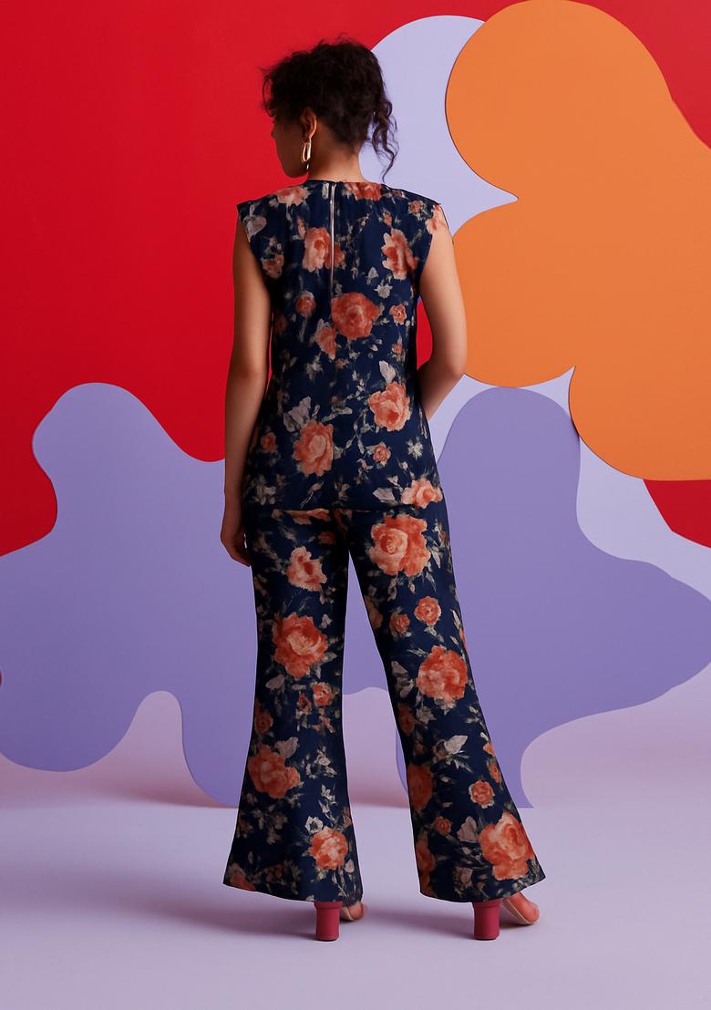 Blue Cotton Satin Floral Printed Co-Ord Set - Indya